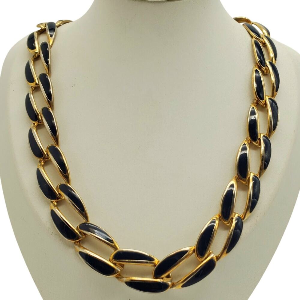 Black Enamel Gold Tone Choker Oval Link Necklace Chunky Strand Collar 1980s Vtg